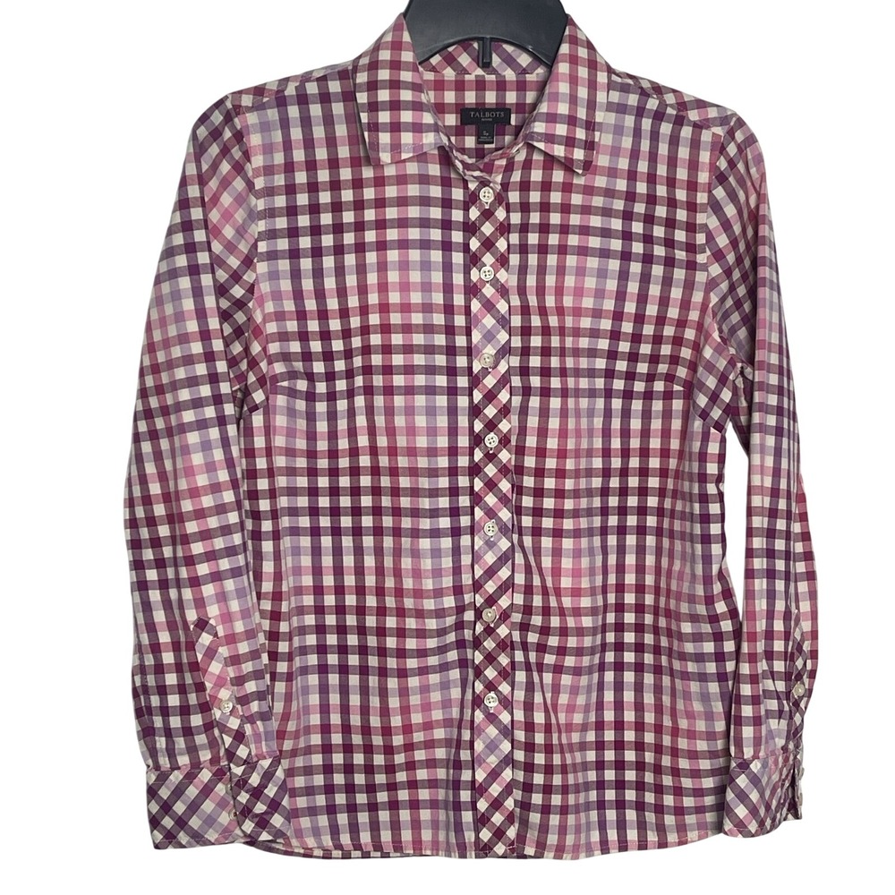 Talbots Petites Button Down Shirt Womens SP Pink Gingham Plaid Cotton Blouse